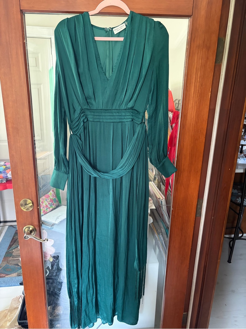 Baltic Born Emerald Green Pleated V-Neck Long Sleeve Dress
